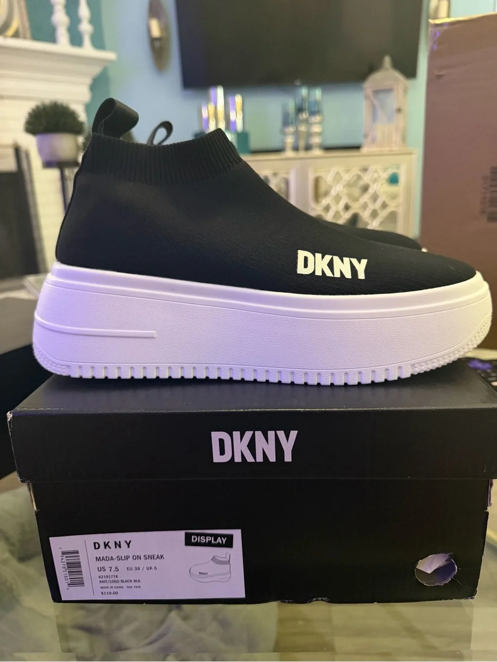 DKNY Black Knit Platform Slip-On Trainer with White Sole